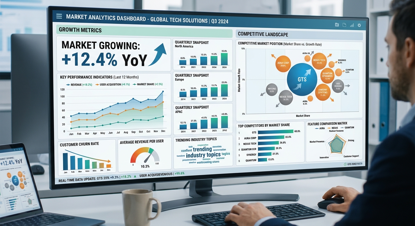 Data-driven market analysis dashboard showing growth metrics and competitive landscape graphs